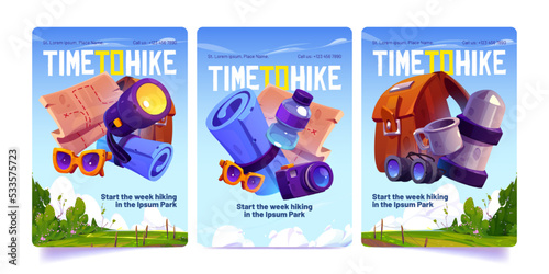 Set of cartoon hiking and travel promo banners. Vector illustration of tourism, camping accessories, map, camera, flashlight in backpack against blue summer sky and green field landscape. Flyer layout