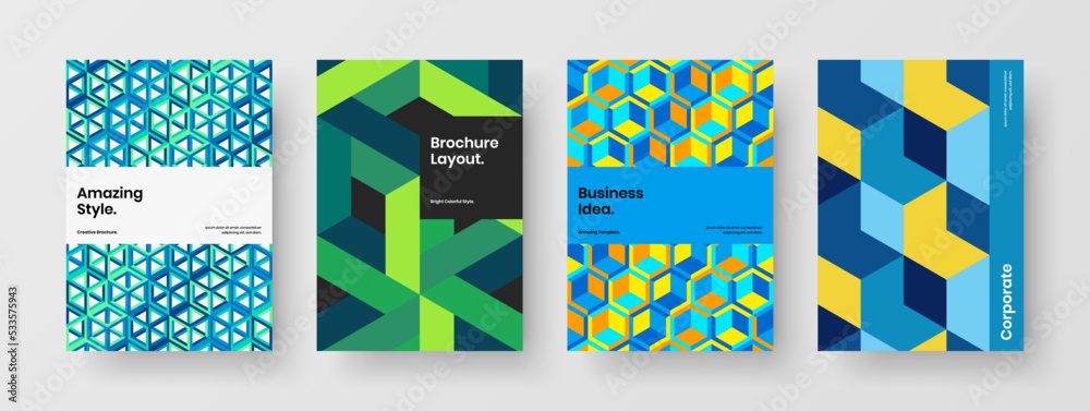 Colorful corporate brochure A4 vector design layout bundle. Isolated mosaic shapes pamphlet concept set.