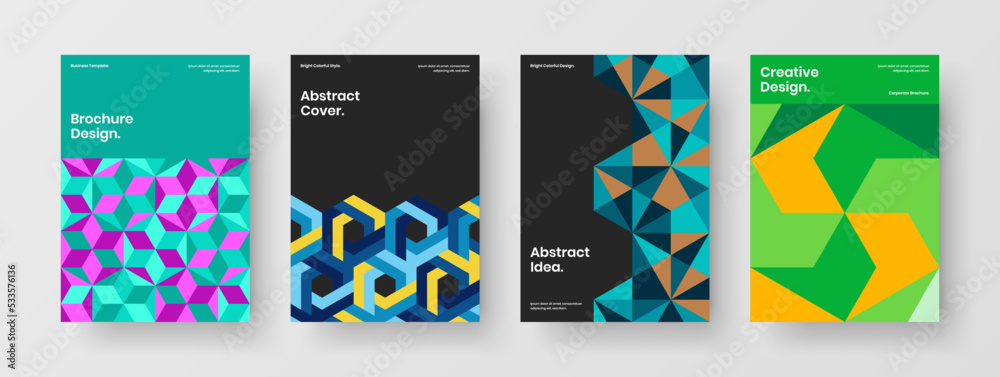 Amazing geometric tiles flyer illustration composition. Simple cover A4 vector design template bundle.
