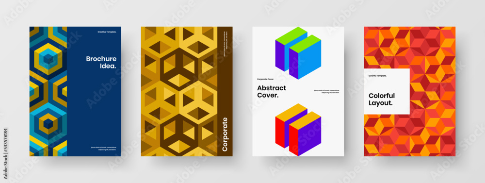 Unique booklet design vector illustration bundle. Vivid mosaic hexagons placard layout collection. Unique booklet design vector illustration bundle. Vivid mosaic hexagons placard layout collection.