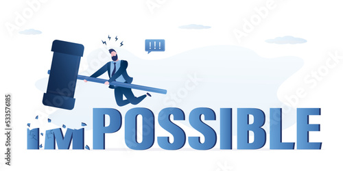Businessman jumping and uses hammer destroying the word impossible to possible. Artwork design depicts possibility, opportunity, and determination. Motivation horizontal banner.