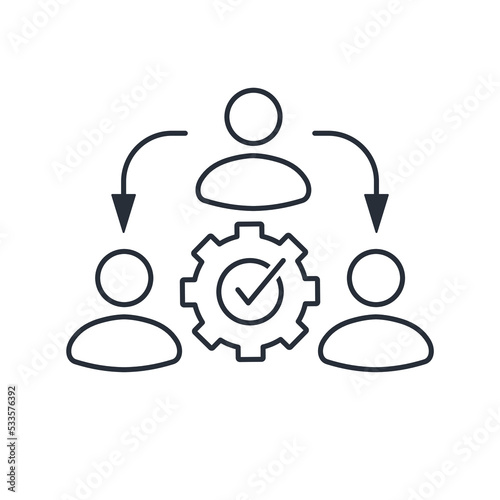Reorganization. Redistribution, assignment,  delegating,  . Vector linear icon isolated on white background.