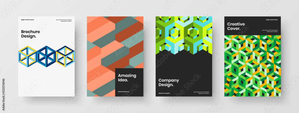 Simple brochure A4 vector design illustration set. Clean geometric hexagons handbill layout composition.