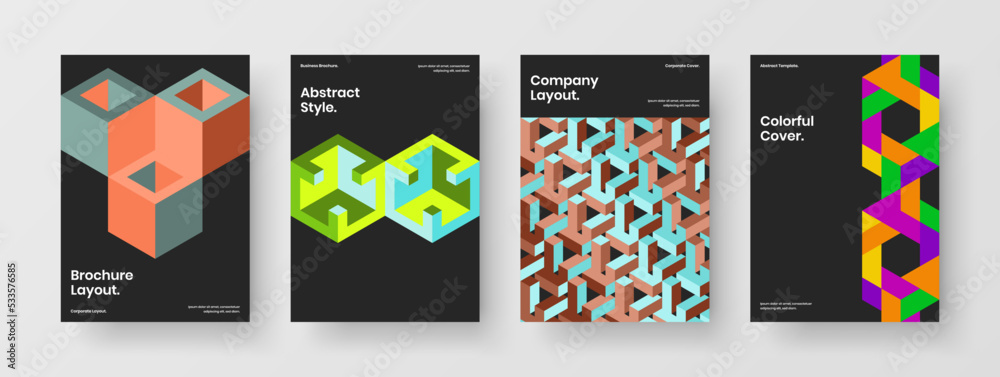 Simple geometric shapes placard illustration composition. Unique catalog cover A4 design vector layout set.