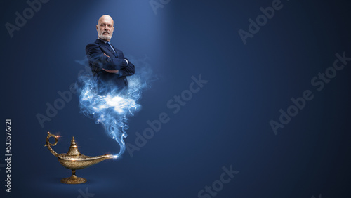 Businessman genie coming out from the lamp
