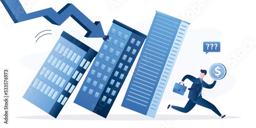 Mortgage crisis, concept. Real estate or property debt crisis causing domino effect, housing or investment asset fall down, panic businessman investor run away from collapsing housing domino.