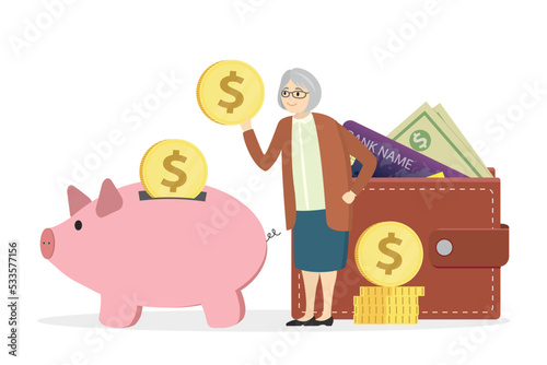Happy grandmother puts coins in piggy bank, retirement savings, money plan. Pension fund, concept. Woman save up money for comfortable old age. Elderly woman with bank deposit and wallet.