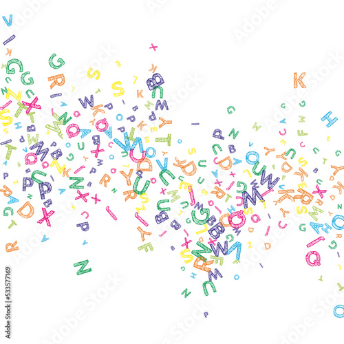Falling letters of English language. Colorful messy sketch flying words of Latin alphabet. Foreign languages study concept. Pleasant back to school banner on white background.