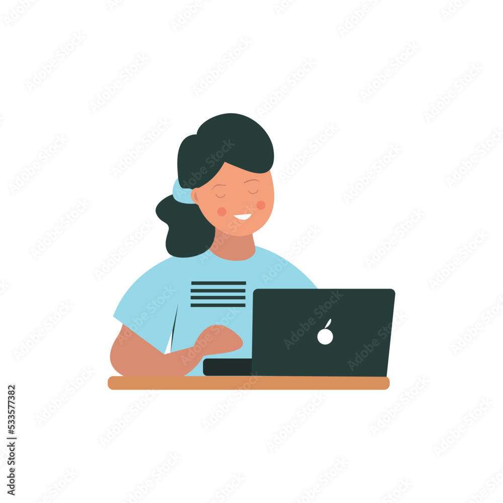 girl with laptop vector Woman Character Sitting with Laptop Communicating and video call concept