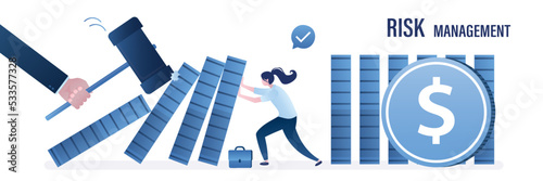 Risk management, hammer breaks business project. Business and finance protection, crisis management. Effective businesswoman help, support company avoiding dominoes effect in economic crisis.