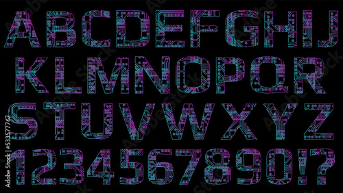 Contour set of latin digital alphabet perforated with PCB circuit board tracks isolated on white. Colored outline capital letters and digits for modern digital world. Design element.