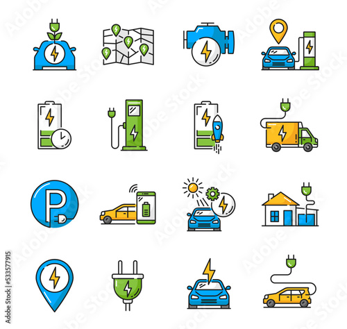 Electric car charge color icons. EV vehicle battery power recharge hybrid car charging station outline vector icons set with charging stations map, power plug and electric automobile engine symbols