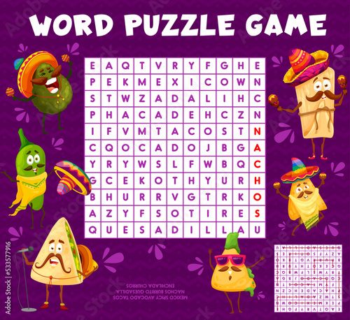 Cartoon Mexican food characters word search puzzle game, vector worksheet. Kids quiz or riddle grid to search and find word of funny Mexican quesadilla and chili pepper in sombrero, avocado and nachos