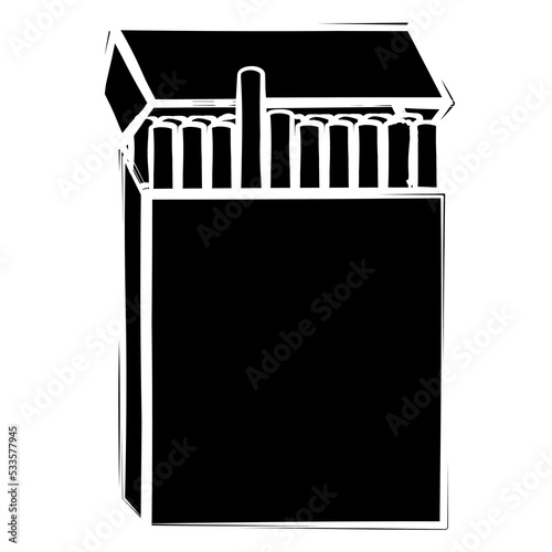 Black silhouette of open full pack with cigarettes in sketch style isolated on white. Icon or design element.