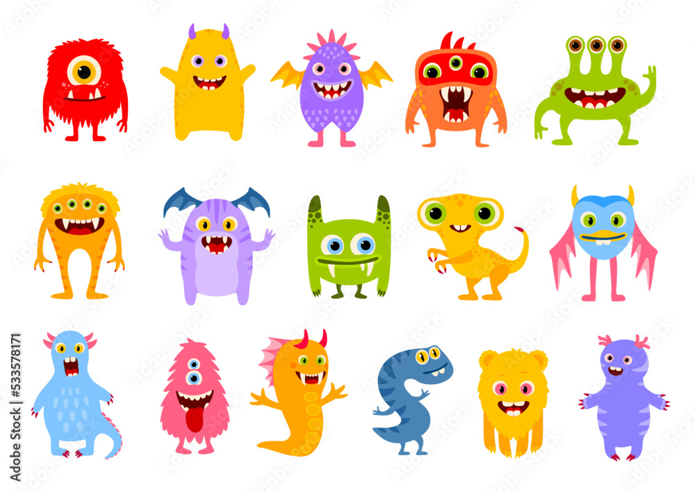 Cartoon funny monster characters. Cute comic halloween joyful personages. Isolated vector devils, goblins, ugly aliens, kawaii smiling creatures. Mutants with horns, wings, fangs and eyes, tongues - obrazy, fototapety, plakaty 