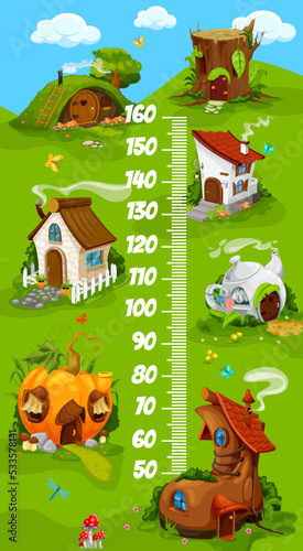 Kids height chart with cartoon fairy homes dwellings. Growth measure chart with fantasy creatures houses, stump, boot and pumpkin hut o dugout. Height measure ruler or growth meter vector wall poster