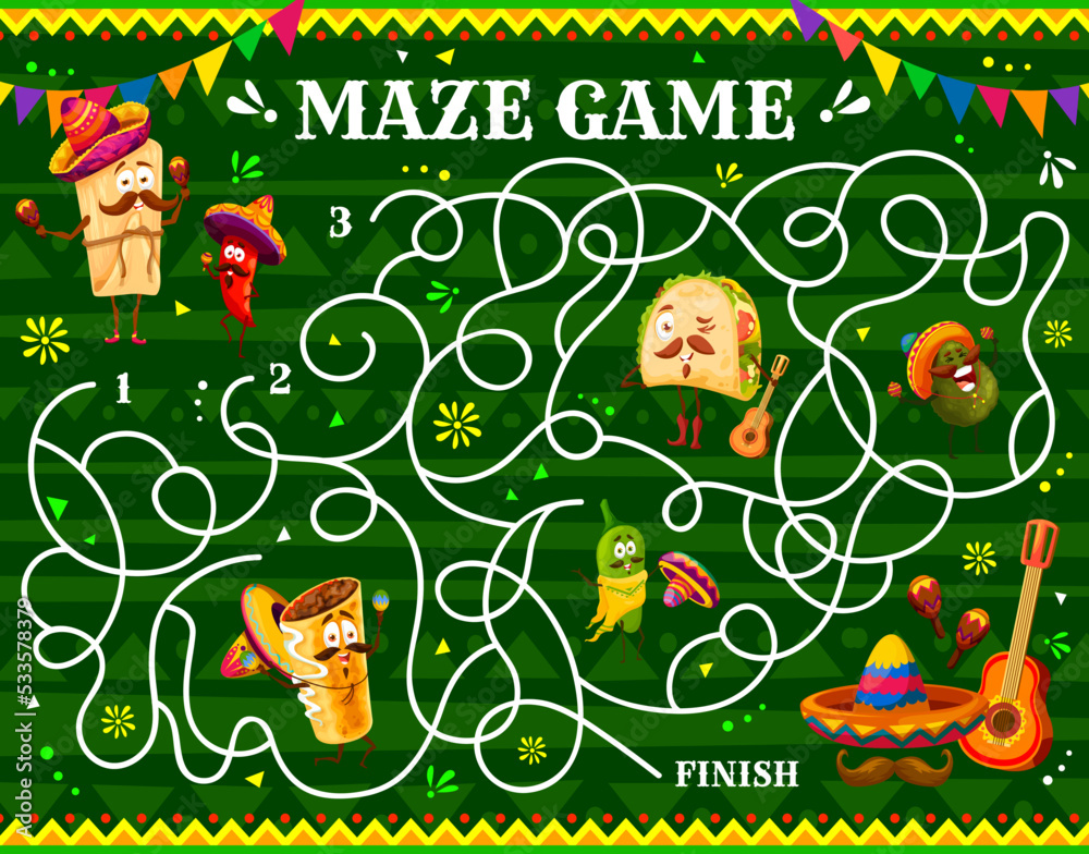Labyrinth maze with vector mexican tacos, avocado and chimichanga, jalapeno and tamale cartoon characters. Kids educational game or puzzle worksheet with mexican food Labyrinth maze with vector mexican tacos, avocado and chimichanga, jalapeno and tamale cartoon characters. Kids educational game or puzzle worksheet with mexican food