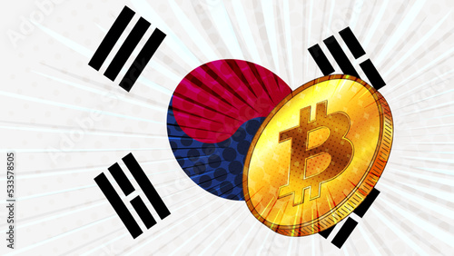 Gold coin of Bitcoin BTC and colored flag of South Korea on background. Central Bank of Republic of Korea adopts laws on mining and digital assets.