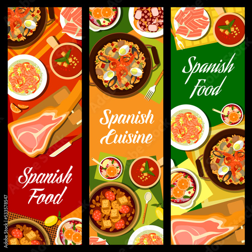 Spanish cuisine restaurant food banners. Garlic shrimp Gambas al Ajillo, Sangria and braised octopus Pulpo a la Gallega, Iberian ham, bean and chorizo sausage stew Fabada and seafood paella, gazpacho