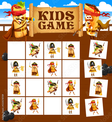 Sudoku game worksheet. Cartoon mexican food pirate and corsair characters. Educational game, children puzzle quiz vector worksheet with tacos, burrito and nachos, tortillas and enchilada