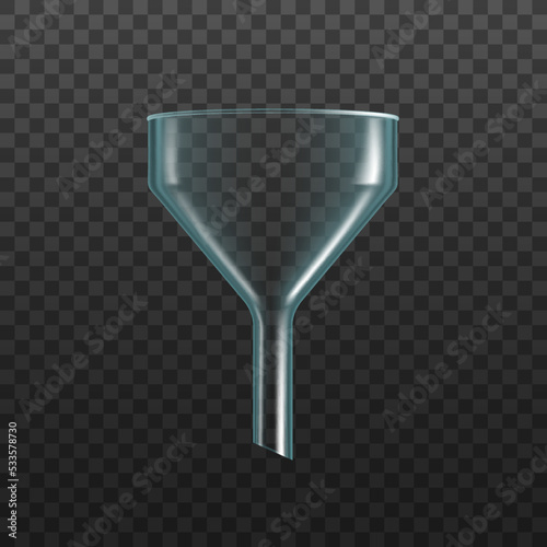 Glass funnel, realistic transparent chemistry and laboratory filter for beaker flask, isolated vector. Glass funnel tube, chemical lab glassware or test cylinder cone, experiment laboratory equipment