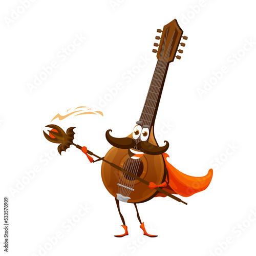 Cartoon mandolin magician character, isolated vector evil mage string instrument personage. Wizard attack with magic staff. Funny fairytale mandoline folk festival, music school education, performance photo