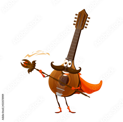 Cartoon mandolin magician character, isolated vector evil mage string instrument personage. Wizard attack with magic staff. Funny fairytale mandoline folk festival, music school education, performance