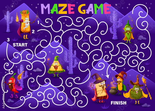 Labyrinth maze, cartoon Tex Mex Mexican food wizards characters, vector kids game. Help burrito wizard and jalapeno pepper mage to find way to avocado sorcerer with magic wand, game worksheet