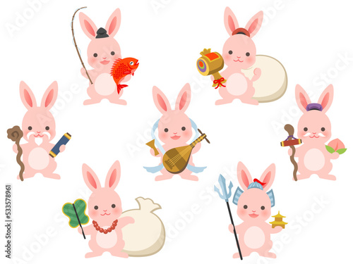 うさぎの七福神のキャラクターのイラストセット