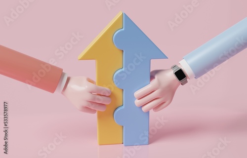 Hand of people connecting jigsaw puzzles of rising arrow, merger and acquisition, business partnership agreement for success concept, 3d render illustration.