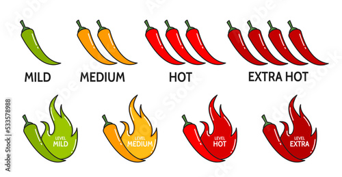 Spicy level labels. Hot tabasco or ketchup sauce, meal spicy mild, medium hot and extra levels vector symbols, indicators or stickers with flaming green, orange and red chilli or jalapeno peppers