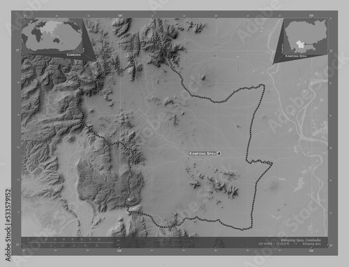 Kampong Speu, Cambodia. Grayscale. Labelled points of cities photo