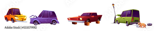 Cars damaged in road accident cartoon set isolated on white background. Autos with broken glass, damaged, stolen wheels, smashed hood, cabin. Traffic collision. Vehicle insurance. Vector illustration