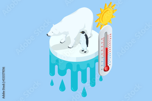 Isometric global warming concept. Polar bear and penguin on ice floe with thermometer. Melting iceberg and global warming. Climate change. Ecological catastrophe