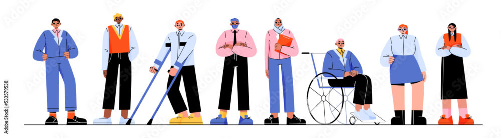 Multicultural business team with people with disabilities. Group of diverse employees, african american, asian and muslim characters, men on wheelchair and crutches, vector flat illustration Multicultural business team with people with disabilities. Group of diverse employees, african american, asian and muslim characters, men on wheelchair and crutches, vector flat illustration