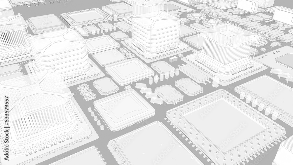 CPU chips on the motherboard . monochrome 3d illustration in white with outline lines