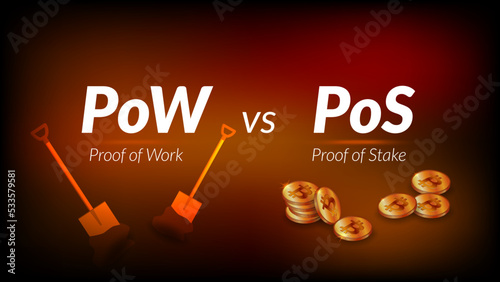 Text PoW Proof of Work vs PoS Proof of Stake with shovels and Bitcoin BTC stacks on dark red background. Header for website or banner for news article. Vector.