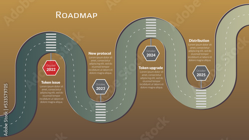 Roadmap with winding road and stop signs on stages on brown background. Horizontal infographic timeline template for business presentation. Vector.