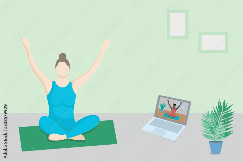 Online yoga class. A girl watches an online yoga lesson on a laptop and trains at home. Faceless illustration concept