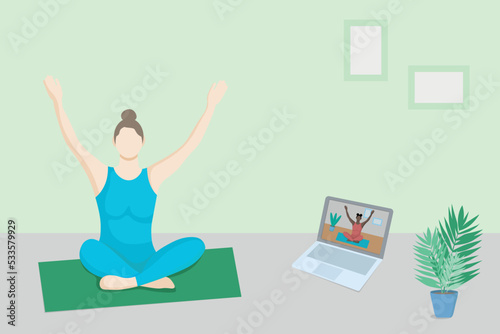 Online yoga class. A girl watches an online yoga lesson on a laptop and trains at home. Faceless illustration concept