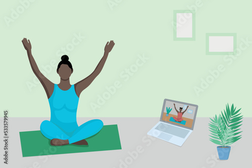 Online yoga class. A black girl watches an online yoga lesson on a laptop and trains at home. Faceless illustration, concept