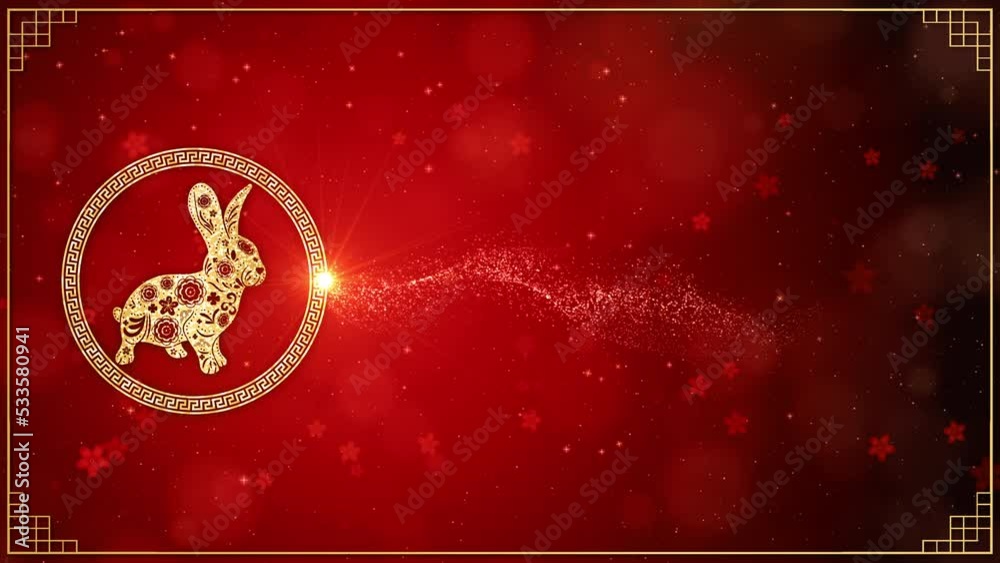 Chinese Zodiac Rabbit 2023. Chinese New Year Celebration Background, Golden and Red with Particle for Chinese Decorative Classic Festive Background for a Holiday.