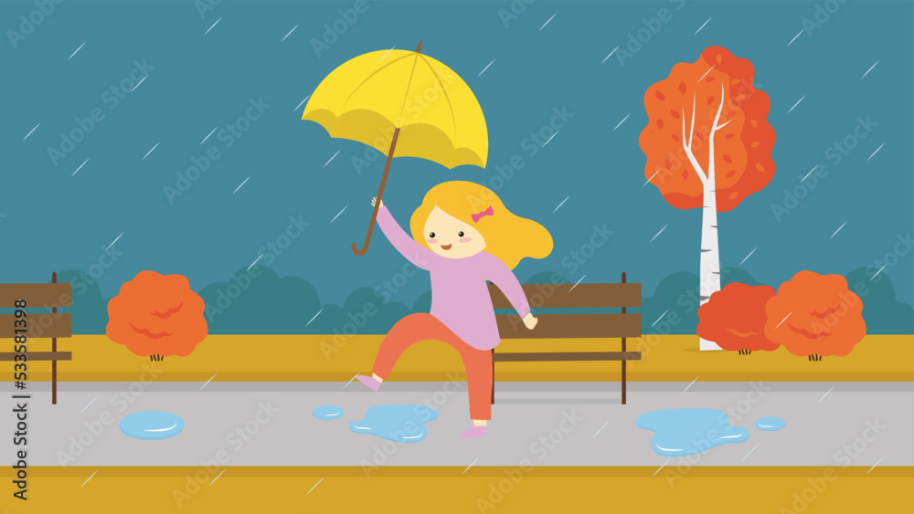 Girl jumping through the puddles under an umbrella in the park