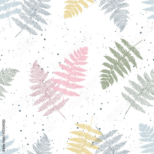 Seamless pattern with paint prints of fern leaves. Pastel colors on white