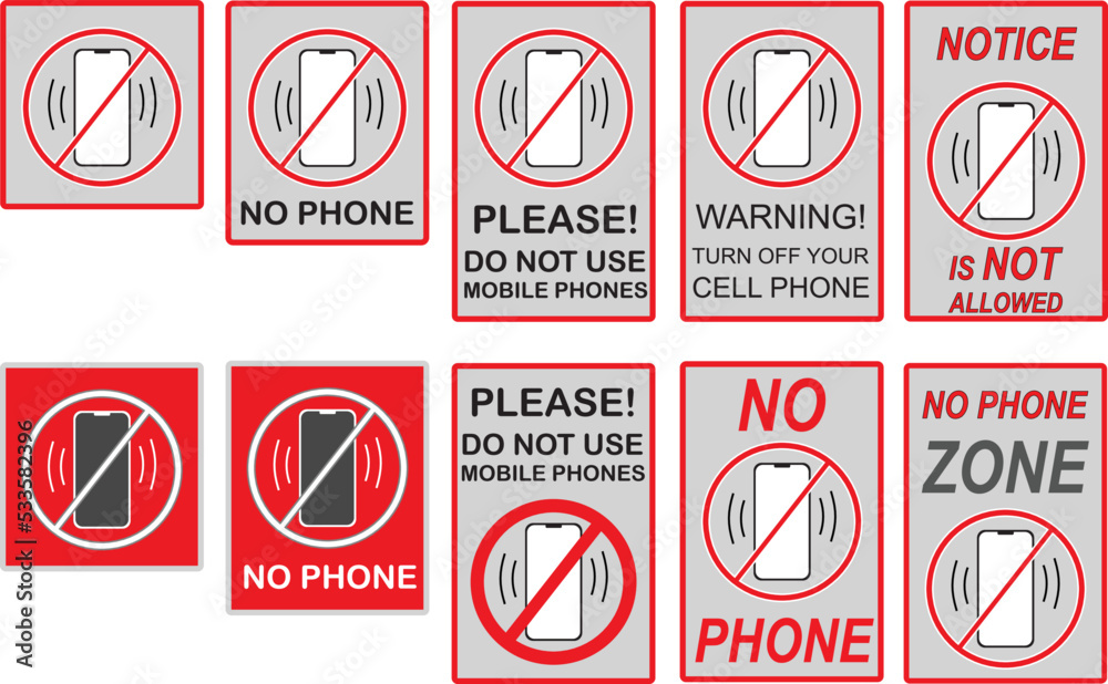 No mobile phone signs . Mobile phone not allowed signs. Vector illustration icon signs. isolated on white background. Various examples. No mobile phone signs . Mobile phone not allowed signs. Vector illustration icon signs. isolated on white background. Various examples.