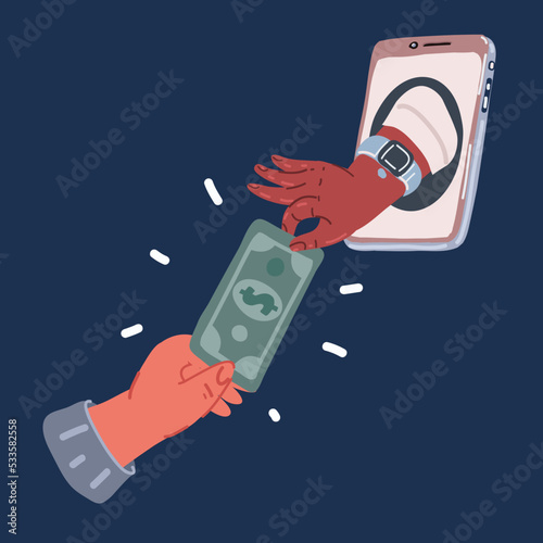 Vector cartoon illustration of Hand giving money to other hand. Internet banking and mobile payments using smartphone, online banking. Payments methods.