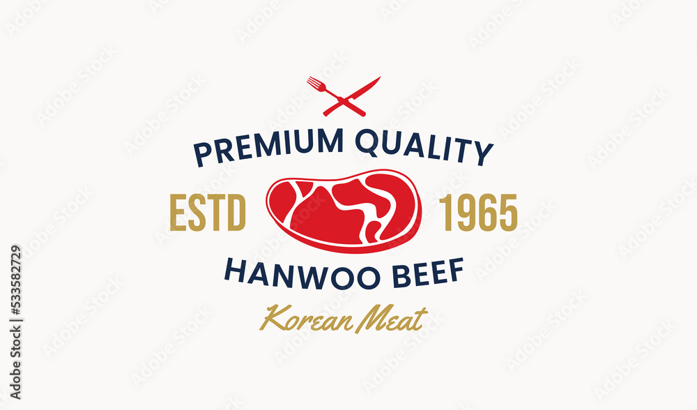Korean Beef Logo or Hanwoo Beef Logo of Premium Quality Korean Beef. Premium Quality Meat Logo Or Fresh Beef Logo Vector. Premium Meats Butcher Shop. Hanwoo Beef And Korean Beef Logo.