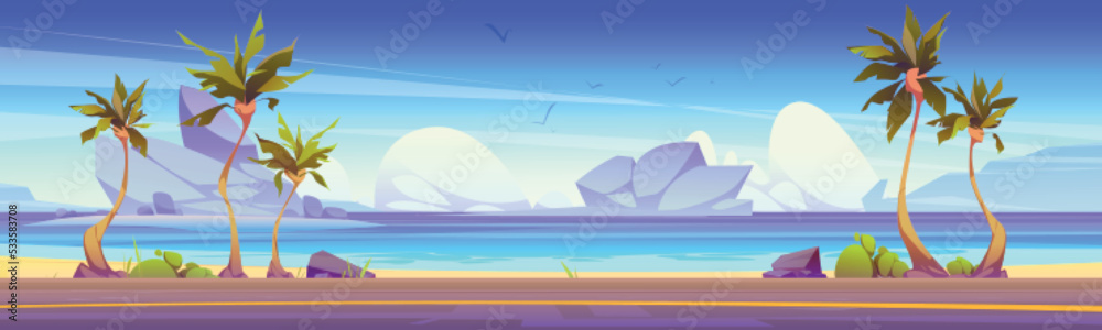 Car road on sea coast with palm trees, islands with mountains in water. Summer tropical landscape of sand ocean beach and asphalt highway, vector cartoon illustration