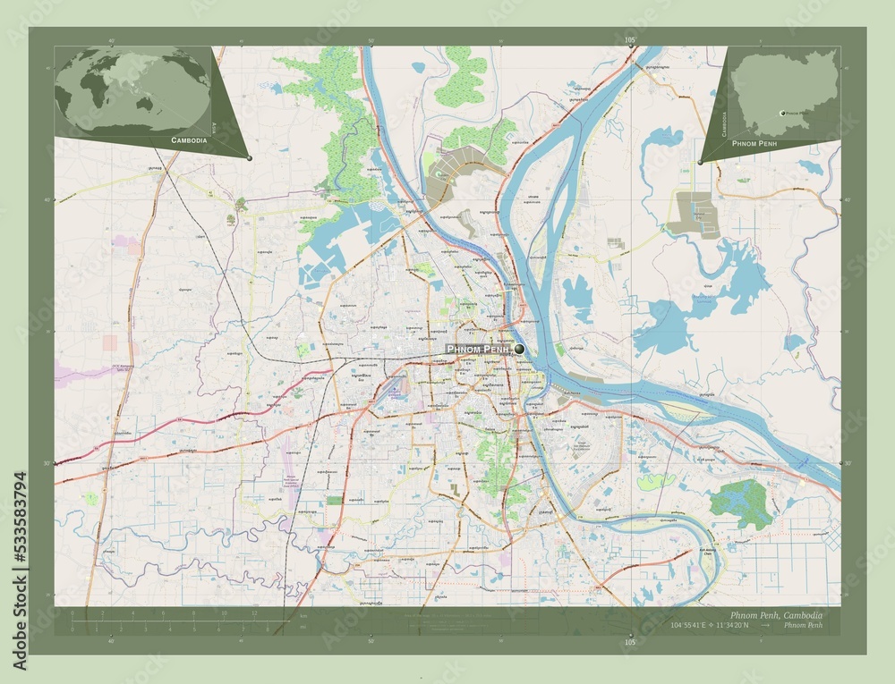Fototapeta premium Phnom Penh, Cambodia. OSM. Labelled points of cities