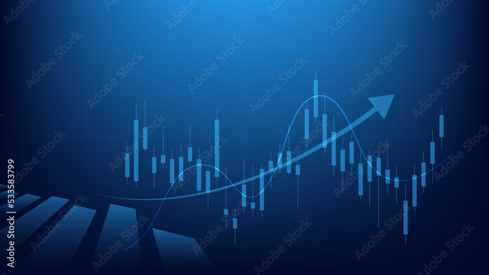 Financial business statistics with bar graph and candlestick chart show stock market price and effective earning on blue background Financial business statistics with bar graph and candlestick chart show stock market price and effective earning on blue background